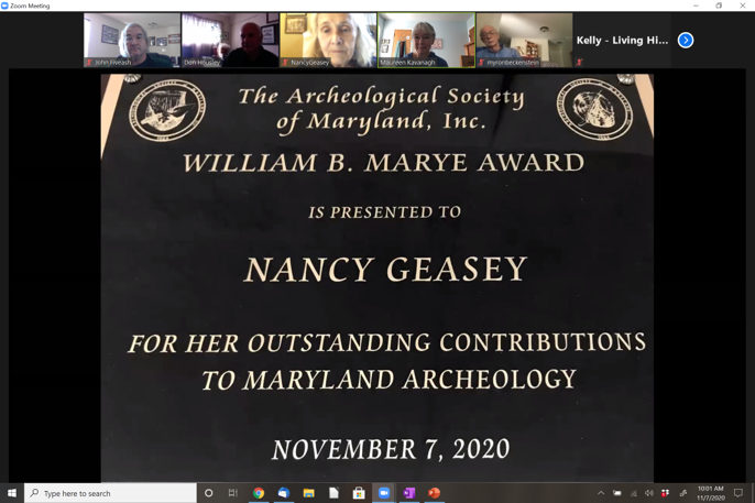 Nancy Geasey Accepts the 2020 William B. Marye Award Via Zoom.